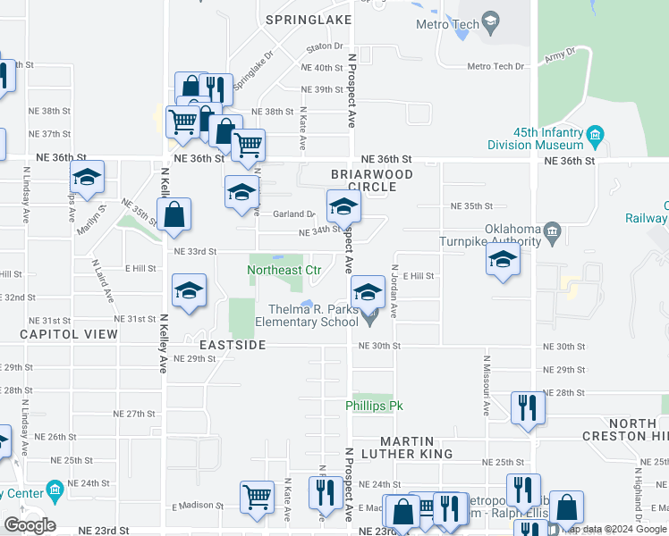 map of restaurants, bars, coffee shops, grocery stores, and more near 3328 Sherman Terrace in Oklahoma City