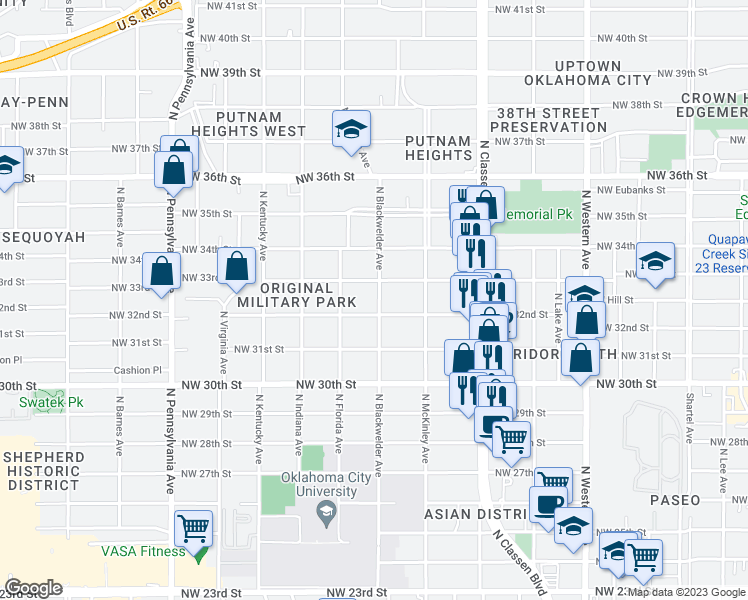 map of restaurants, bars, coffee shops, grocery stores, and more near 3311 North Blackwelder Avenue in Oklahoma City