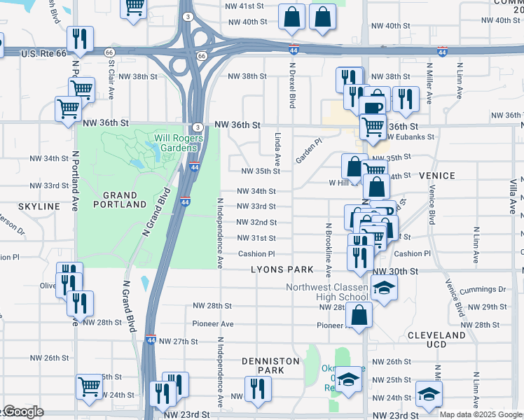 map of restaurants, bars, coffee shops, grocery stores, and more near 3140 Northwest 33rd Street in Oklahoma City
