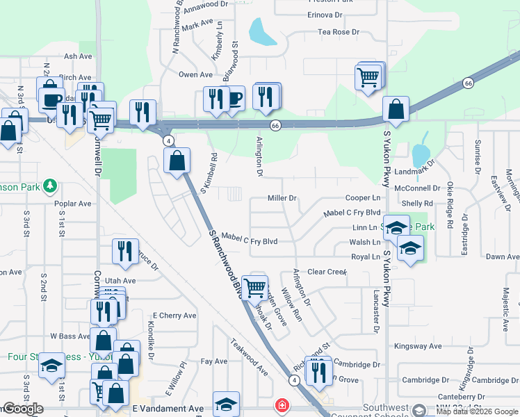 map of restaurants, bars, coffee shops, grocery stores, and more near 709 Markley Lane in Yukon