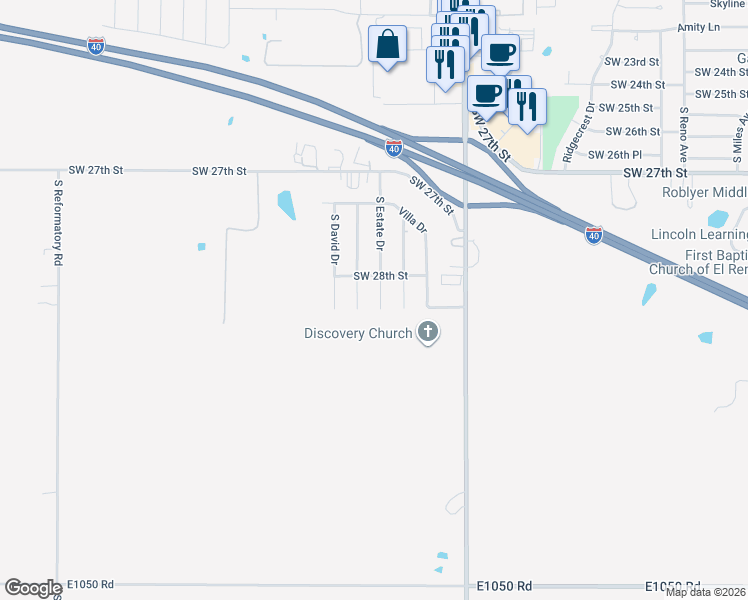 map of restaurants, bars, coffee shops, grocery stores, and more near 2807 South Charles Drive in El Reno