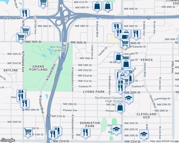 map of restaurants, bars, coffee shops, grocery stores, and more near 3140 Northwest 33rd Street in Oklahoma City