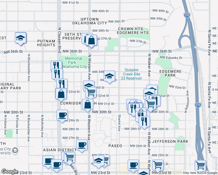 map of restaurants, bars, coffee shops, grocery stores, and more near 867 West Hill Street in Oklahoma City