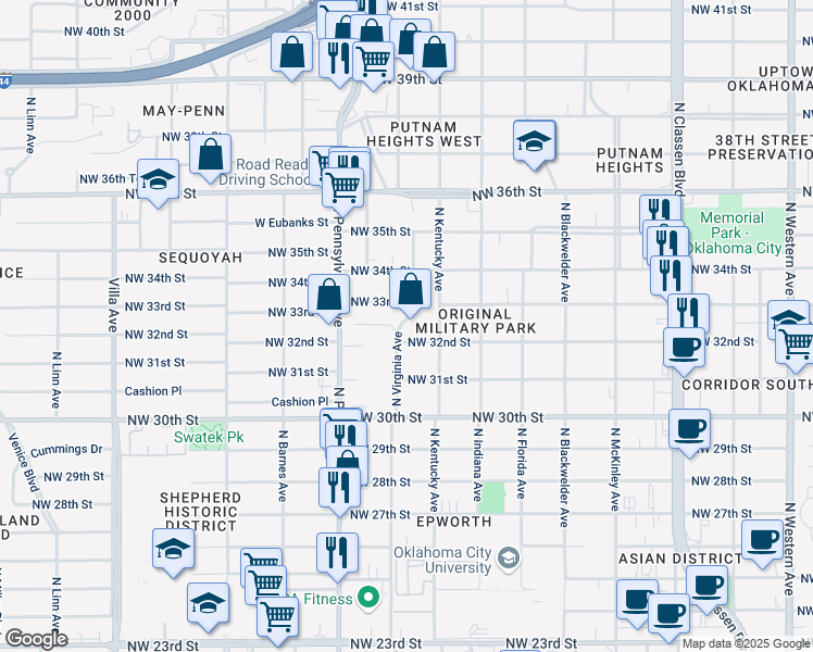 map of restaurants, bars, coffee shops, grocery stores, and more near 3312 North Virginia Avenue in Oklahoma City