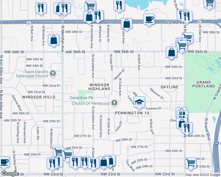 map of restaurants, bars, coffee shops, grocery stores, and more near 3301 North Utah Avenue in Oklahoma City