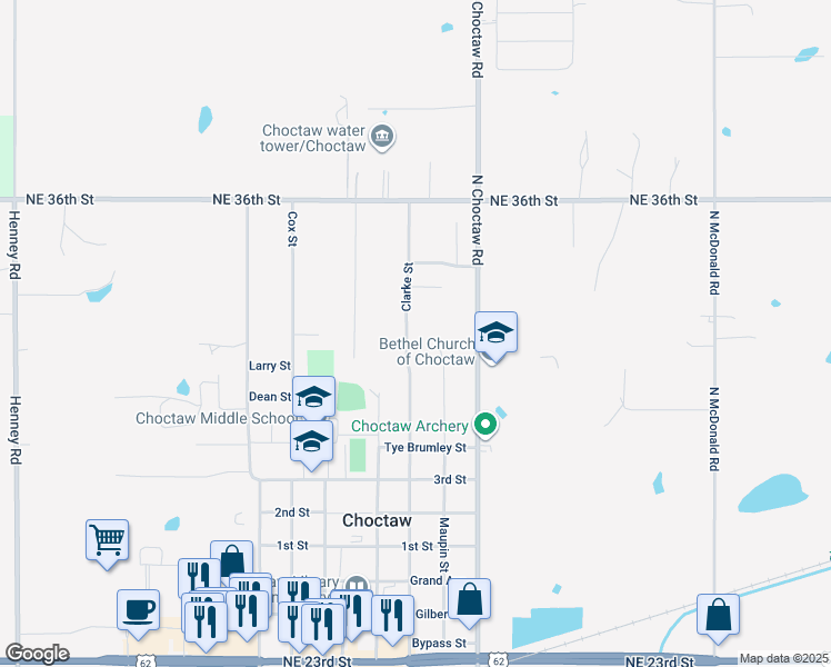 map of restaurants, bars, coffee shops, grocery stores, and more near 3320 Clarke Street in Choctaw