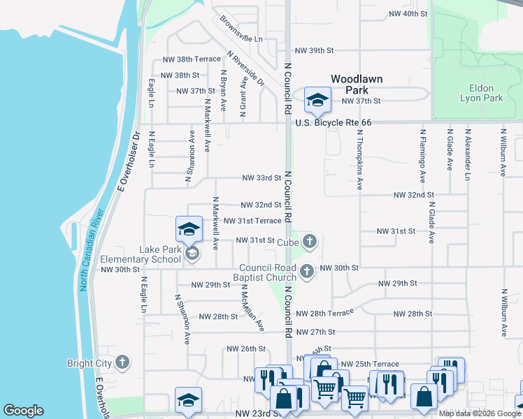 map of restaurants, bars, coffee shops, grocery stores, and more near 8026 Northwest 32nd Street in Bethany