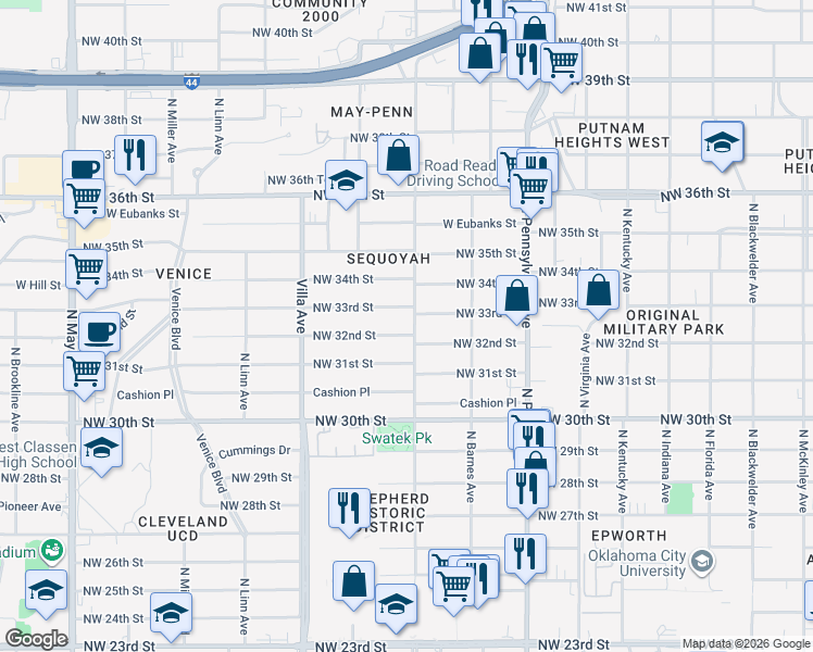 map of restaurants, bars, coffee shops, grocery stores, and more near 3307 N Youngs Blvd in Oklahoma City