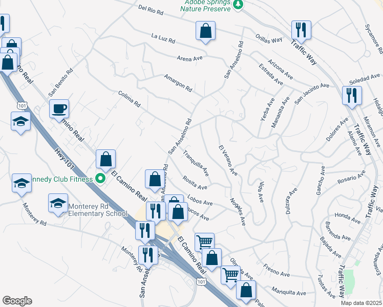 map of restaurants, bars, coffee shops, grocery stores, and more near 4155 Tranquilla Avenue in Atascadero