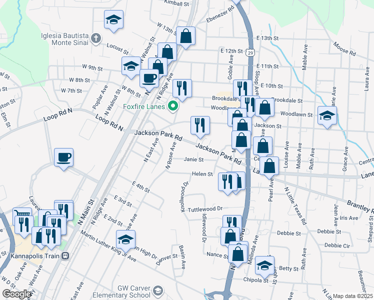 map of restaurants, bars, coffee shops, grocery stores, and more near 452 Jackson Park Road in Kannapolis