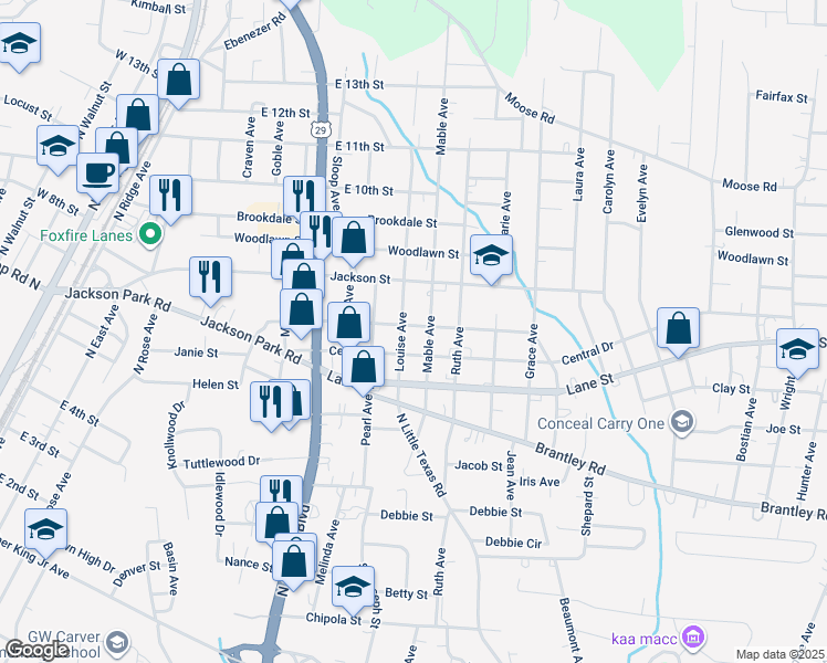 map of restaurants, bars, coffee shops, grocery stores, and more near 1102 Venus Street in Kannapolis