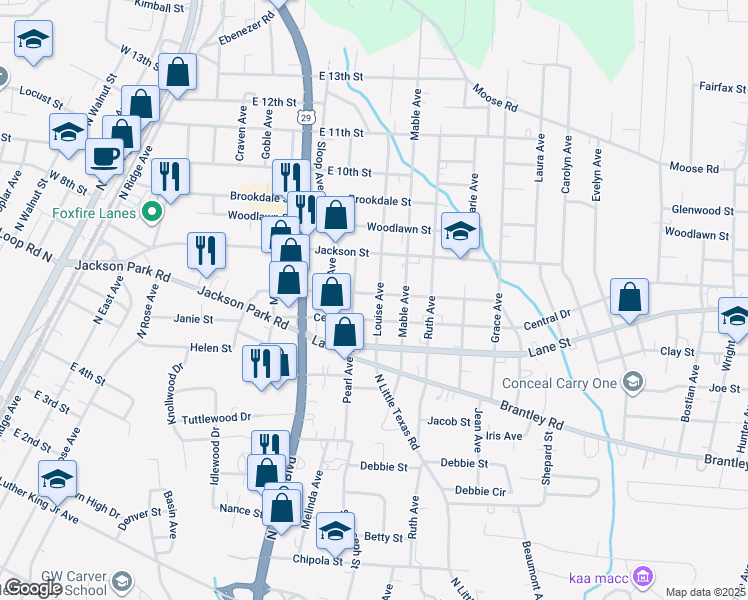 map of restaurants, bars, coffee shops, grocery stores, and more near 1102 Venus Street in Kannapolis