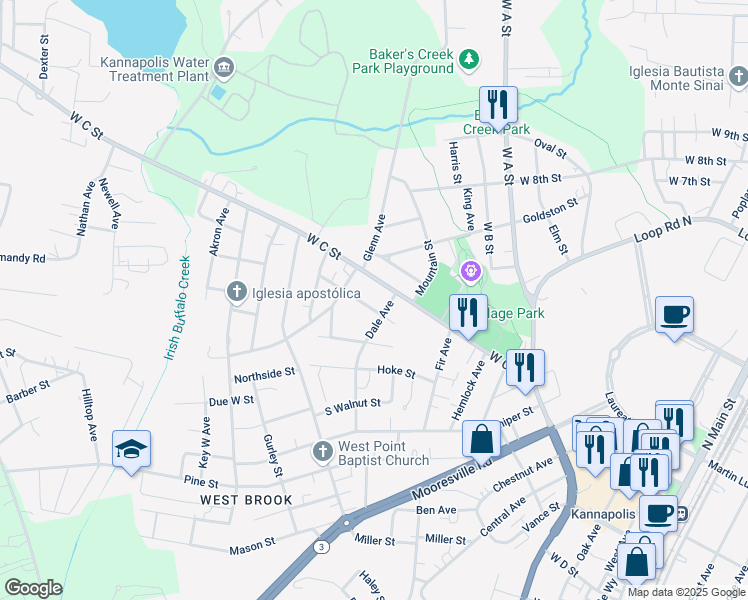 map of restaurants, bars, coffee shops, grocery stores, and more near 1008 Orangewood Street in Kannapolis