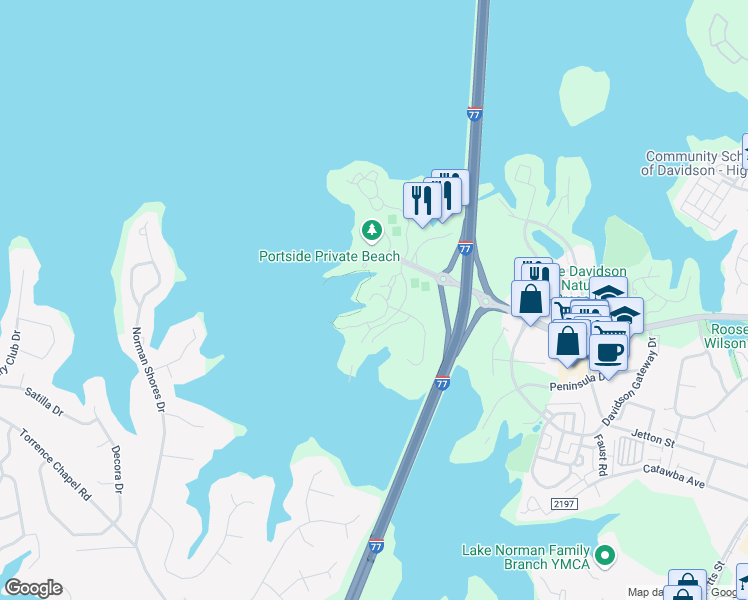 map of restaurants, bars, coffee shops, grocery stores, and more near 863 Southwest Drive in Davidson