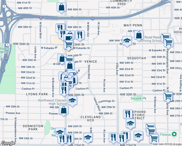 map of restaurants, bars, coffee shops, grocery stores, and more near 3300 Venice Boulevard in Oklahoma City