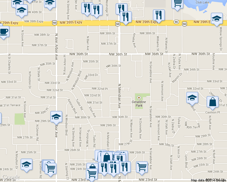map of restaurants, bars, coffee shops, grocery stores, and more near 4508 Northwest 32nd Place in Oklahoma City