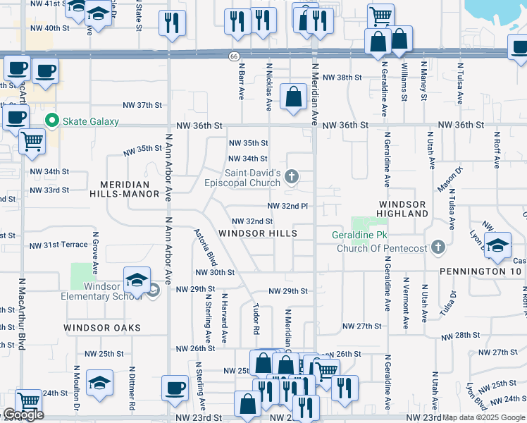 map of restaurants, bars, coffee shops, grocery stores, and more near 4612 Northwest 32nd Place in Oklahoma City