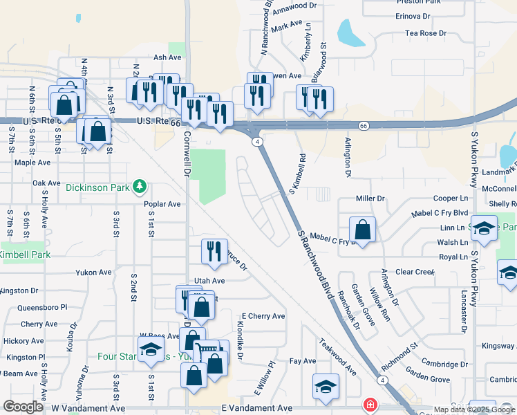map of restaurants, bars, coffee shops, grocery stores, and more near 5th Street in Yukon