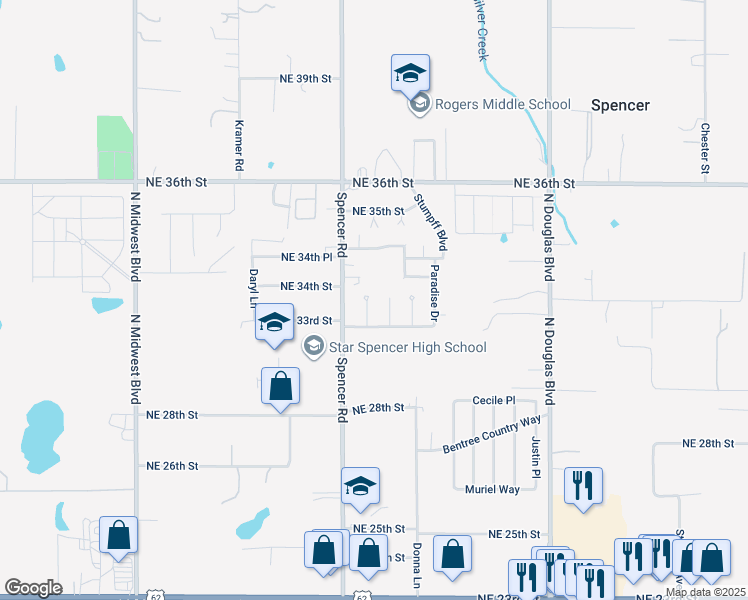 map of restaurants, bars, coffee shops, grocery stores, and more near 3420 NE 33rd Cir in Spencer