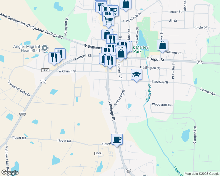 map of restaurants, bars, coffee shops, grocery stores, and more near 259 South Raleigh Street in Angier
