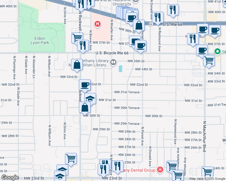 map of restaurants, bars, coffee shops, grocery stores, and more near 6719 Northwest 31st Terrace in Bethany