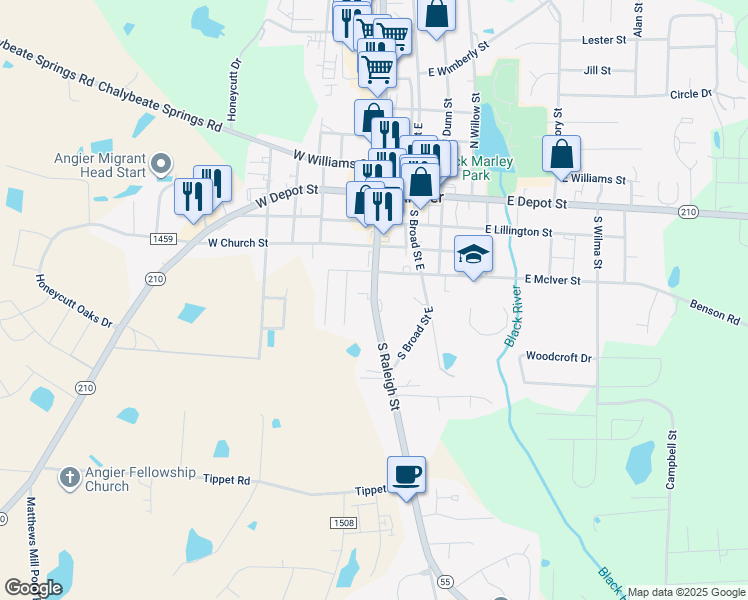 map of restaurants, bars, coffee shops, grocery stores, and more near 259 South Raleigh Street in Angier