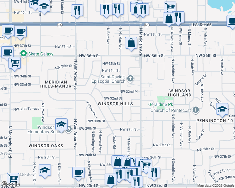 map of restaurants, bars, coffee shops, grocery stores, and more near 4612 Northwest 32nd Place in Oklahoma City