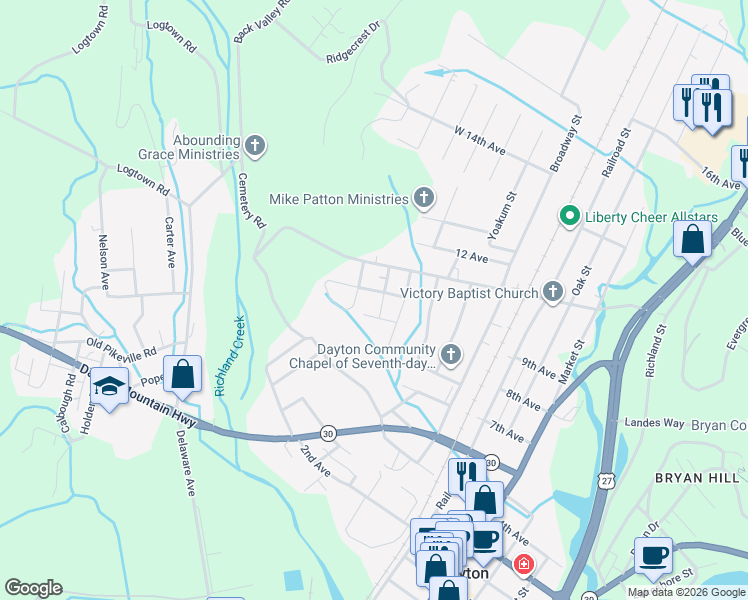 map of restaurants, bars, coffee shops, grocery stores, and more near 121 Carty Avenue in Dayton