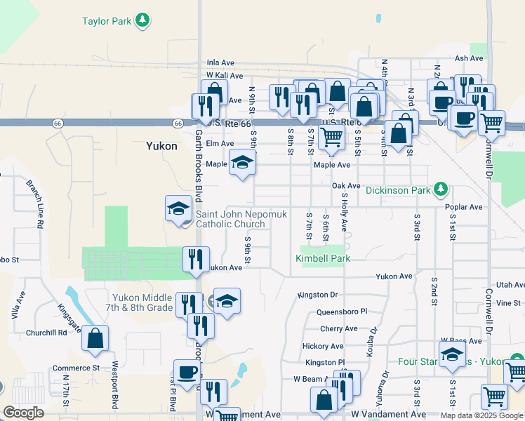 map of restaurants, bars, coffee shops, grocery stores, and more near 836 Poplar Avenue in Yukon