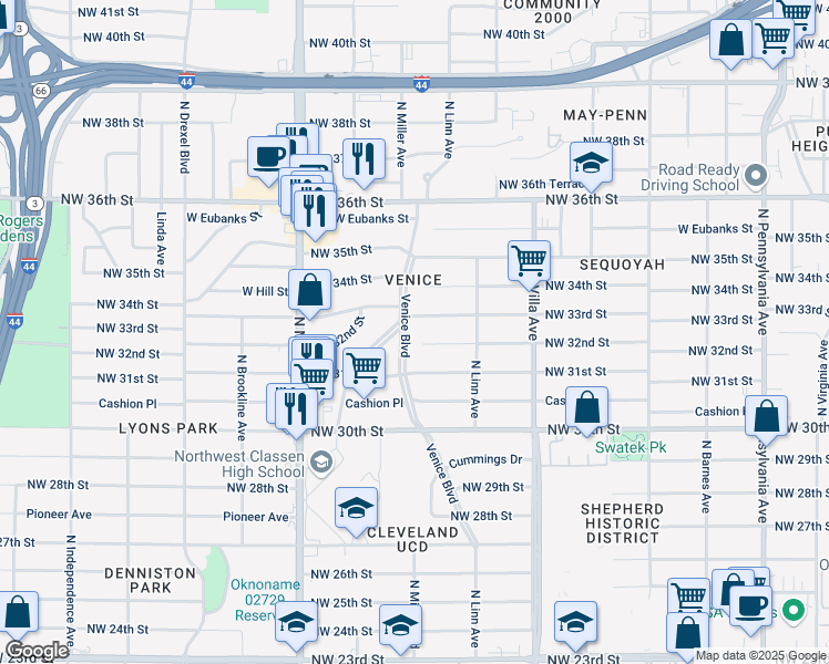 map of restaurants, bars, coffee shops, grocery stores, and more near 3300 Venice Boulevard in Oklahoma City