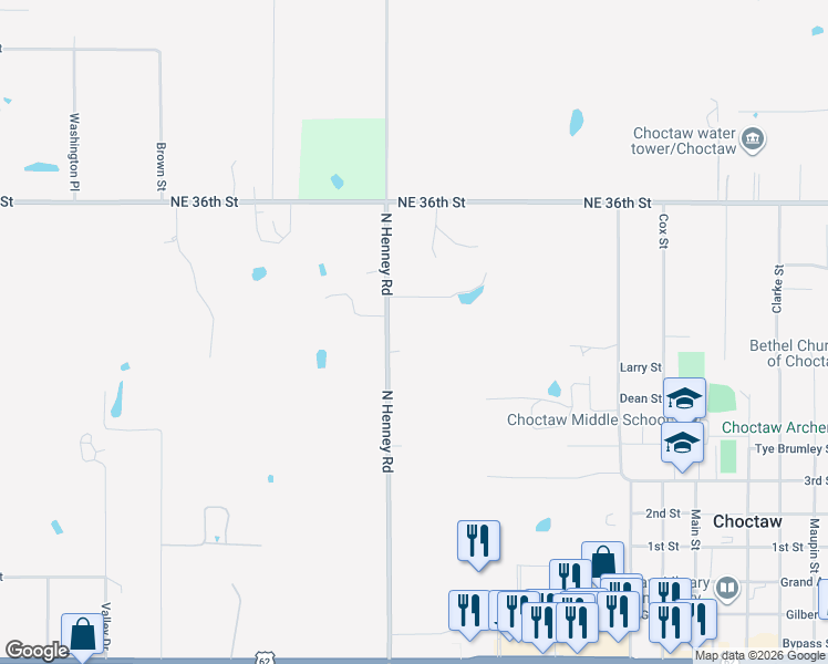 map of restaurants, bars, coffee shops, grocery stores, and more near 3352 Henney Road in Choctaw