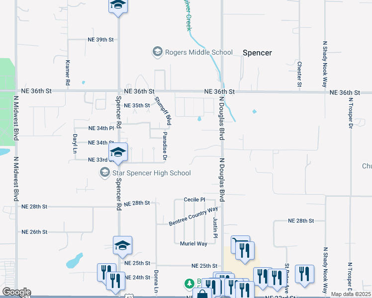 map of restaurants, bars, coffee shops, grocery stores, and more near 3401 North Douglas Boulevard in Spencer