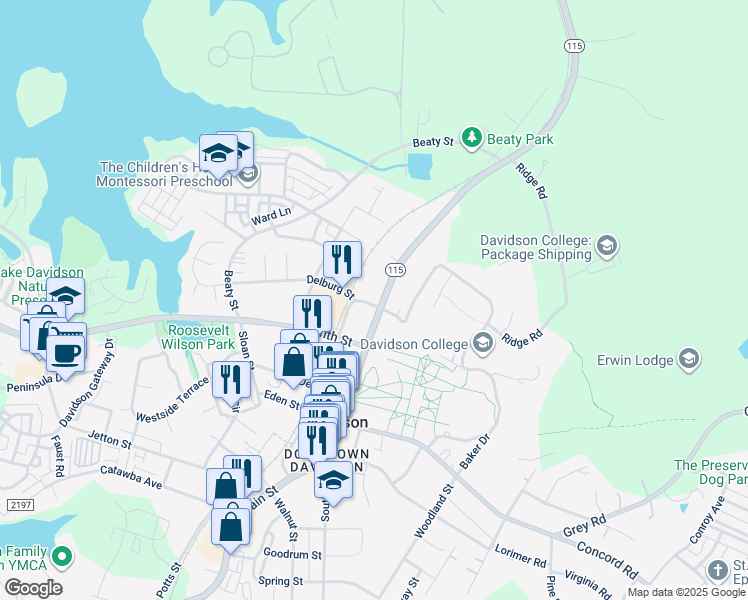 map of restaurants, bars, coffee shops, grocery stores, and more near 511 North Main Street in Davidson