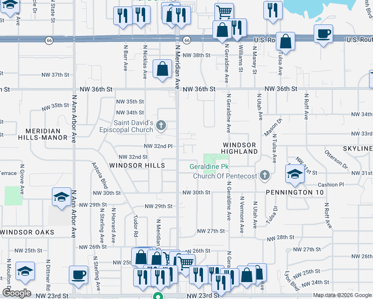 map of restaurants, bars, coffee shops, grocery stores, and more near 4438 NW 32nd Pl in Oklahoma City