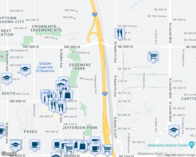 map of restaurants, bars, coffee shops, grocery stores, and more near 3404 North Robinson Avenue in Oklahoma City