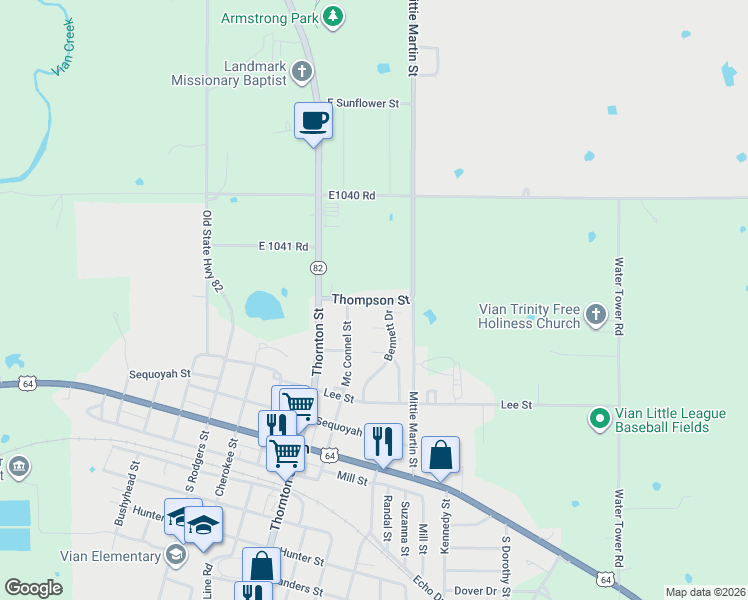 map of restaurants, bars, coffee shops, grocery stores, and more near Dwight Mission Road in Vian
