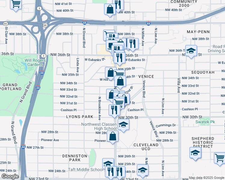 map of restaurants, bars, coffee shops, grocery stores, and more near 3337 North May Avenue in Oklahoma City