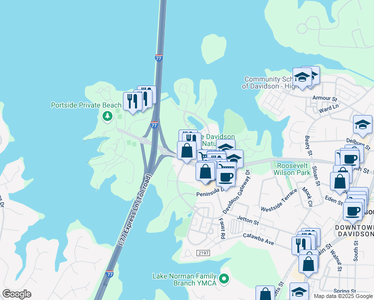 map of restaurants, bars, coffee shops, grocery stores, and more near 133 Harbour Place Drive in Davidson