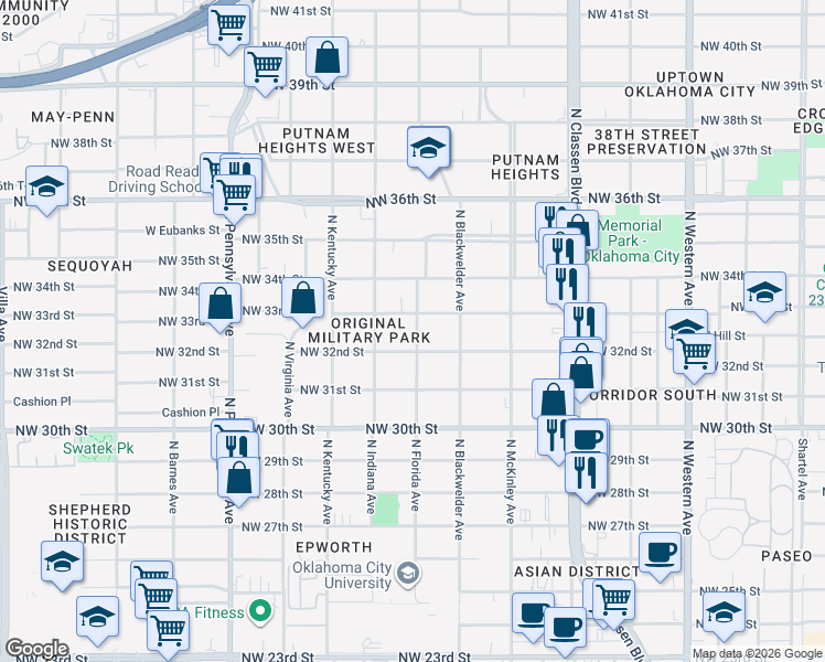 map of restaurants, bars, coffee shops, grocery stores, and more near 3315 North Florida Avenue in Oklahoma City