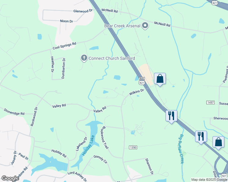 map of restaurants, bars, coffee shops, grocery stores, and more near 1204 Radcliff Drive in Sanford