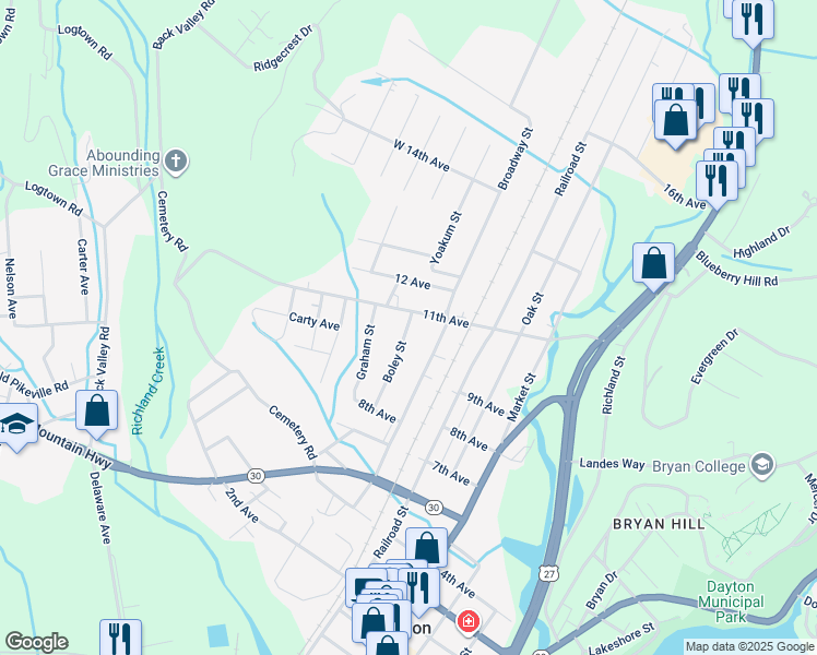 map of restaurants, bars, coffee shops, grocery stores, and more near 285 Boley Street in Dayton