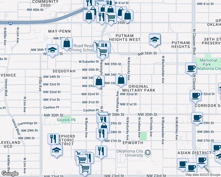 map of restaurants, bars, coffee shops, grocery stores, and more near 2020 Northwest 32nd Terrace in Oklahoma City