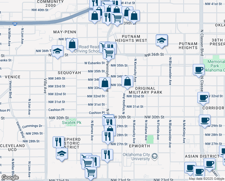 map of restaurants, bars, coffee shops, grocery stores, and more near 2020 Northwest 32nd Terrace in Oklahoma City