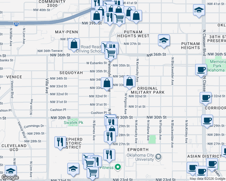map of restaurants, bars, coffee shops, grocery stores, and more near 2020 Northwest 32nd Terrace in Oklahoma City