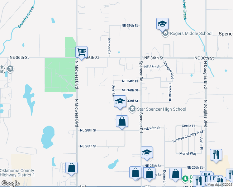 map of restaurants, bars, coffee shops, grocery stores, and more near 3412 Daryl Lane in Spencer
