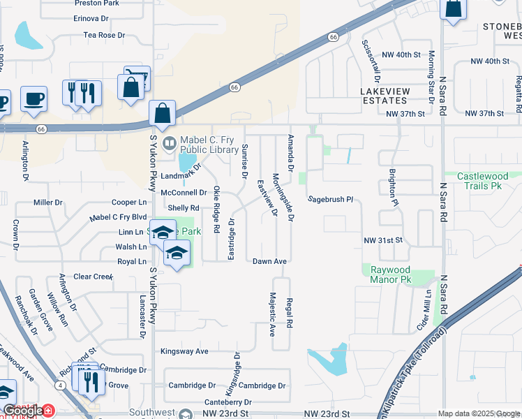 map of restaurants, bars, coffee shops, grocery stores, and more near 608 Eastview Circle in Yukon