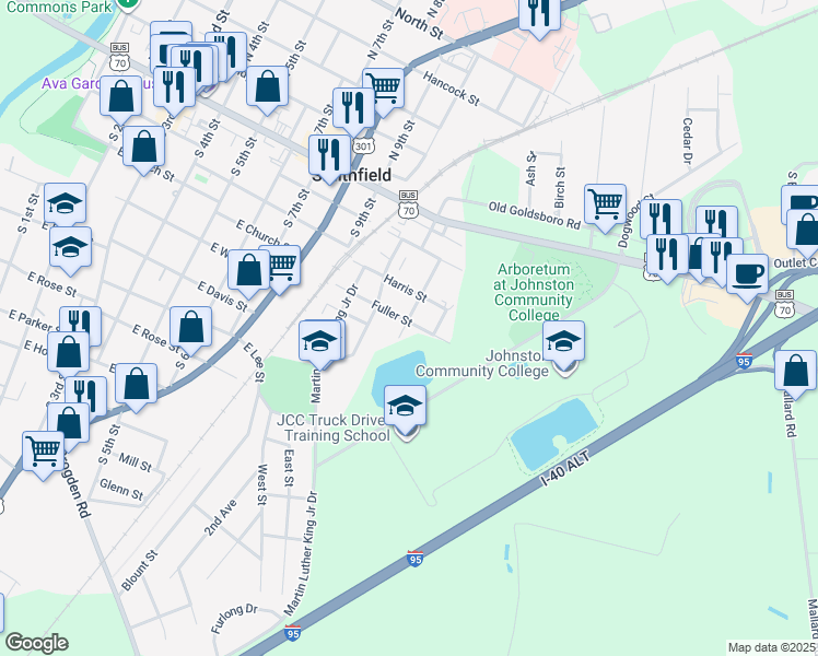 map of restaurants, bars, coffee shops, grocery stores, and more near 403 Durham Street in Smithfield