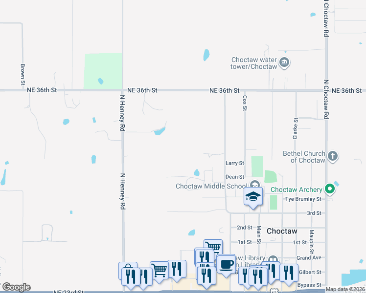 map of restaurants, bars, coffee shops, grocery stores, and more near 3315 Harper Rd in Choctaw
