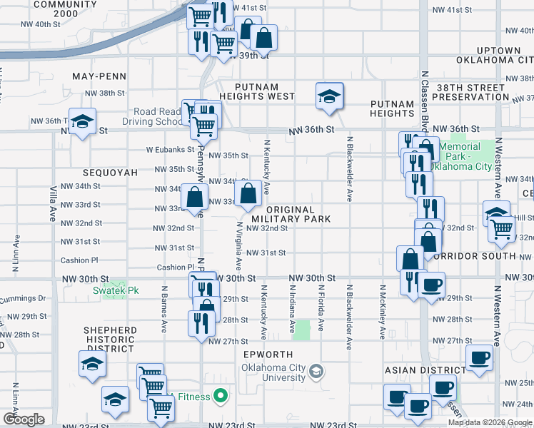 map of restaurants, bars, coffee shops, grocery stores, and more near 3314 N Kentucky Ave in Oklahoma City