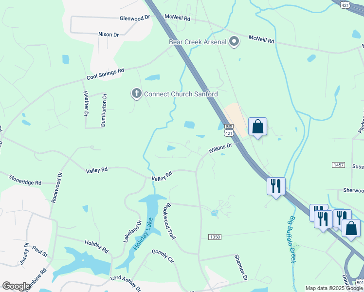 map of restaurants, bars, coffee shops, grocery stores, and more near 1204 Radcliff Drive in Sanford
